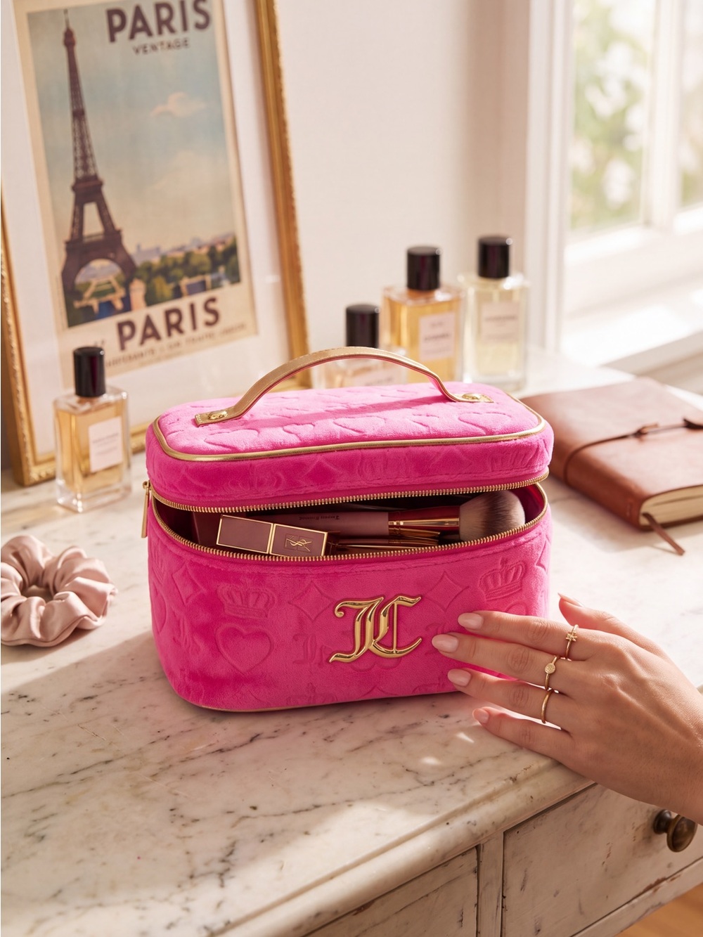 Embroidered Pink Velvet Makeup Case with Gold Trim